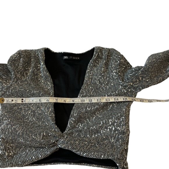 ZARA Silver Sequins Crop Top Size Small Twist Knot Plunge Front Long Sleeves - Picture 8 of 11